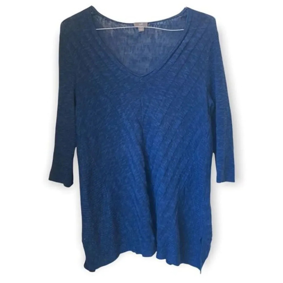J. JILL Linen Blend Tunic Sweater V Neck Blue Knit Medium Long Sleeve - Picture 1 of 6